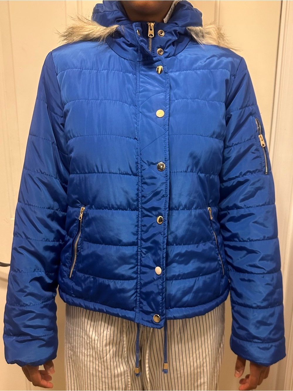 Women's Blue Puffer Jacket with Faux Fur Hood